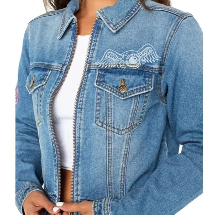 Von Dutch Zip-Front Denim Jacket Light Wash XS NWT Logo Patch Streetwear - Image 3