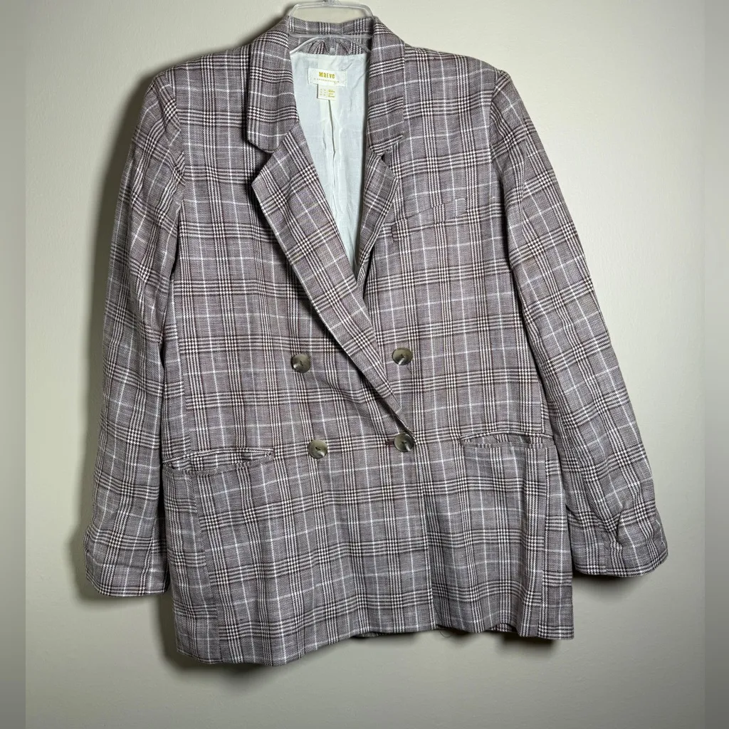 Maeve by Anthropologie Double-Breasted Plaid Blazer, Brown and White, Size 8 - Image 3