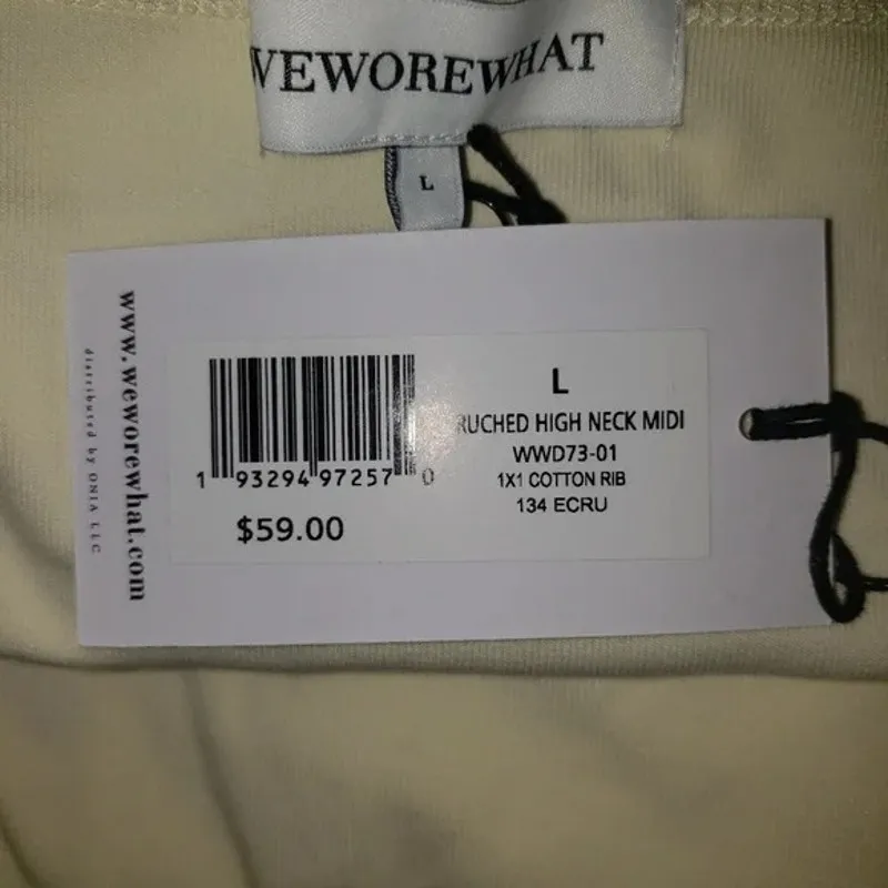 NWT WeWoreWhat Ruched High Neck Sleeveless Open Back Bodycon Midi Dress L Cream - Image 10