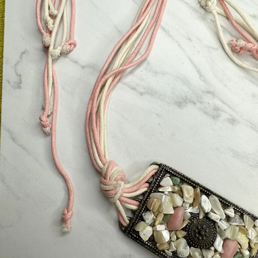 Womens Chunky Shell Chip Studded Tie Belt Boho Medium (M) Large (L) ✨ Pink - Image 2