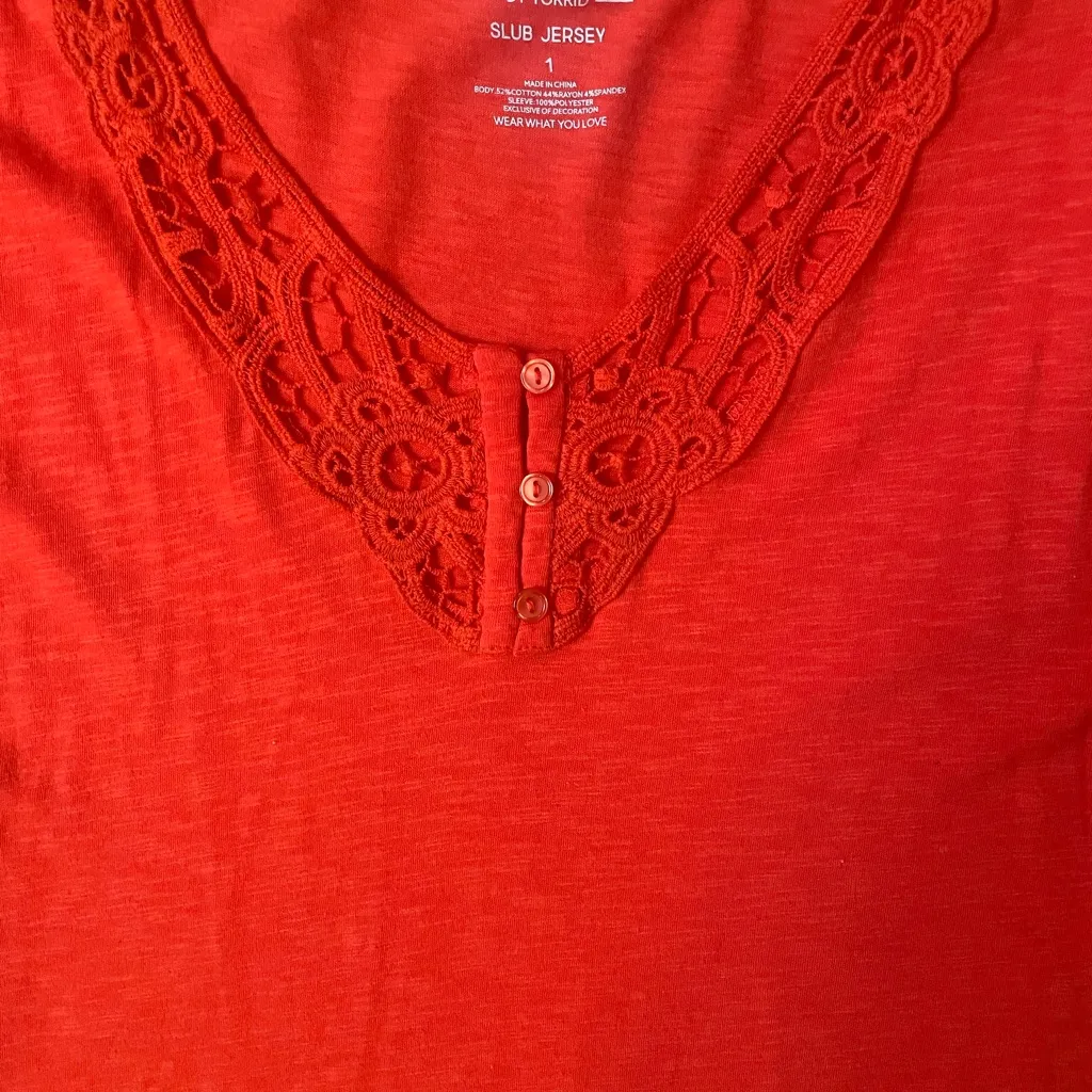 Torrid Super Soft Slub Jersey Top in a bold, vibrant orange/red.
Torrid Size 1 - Image 4