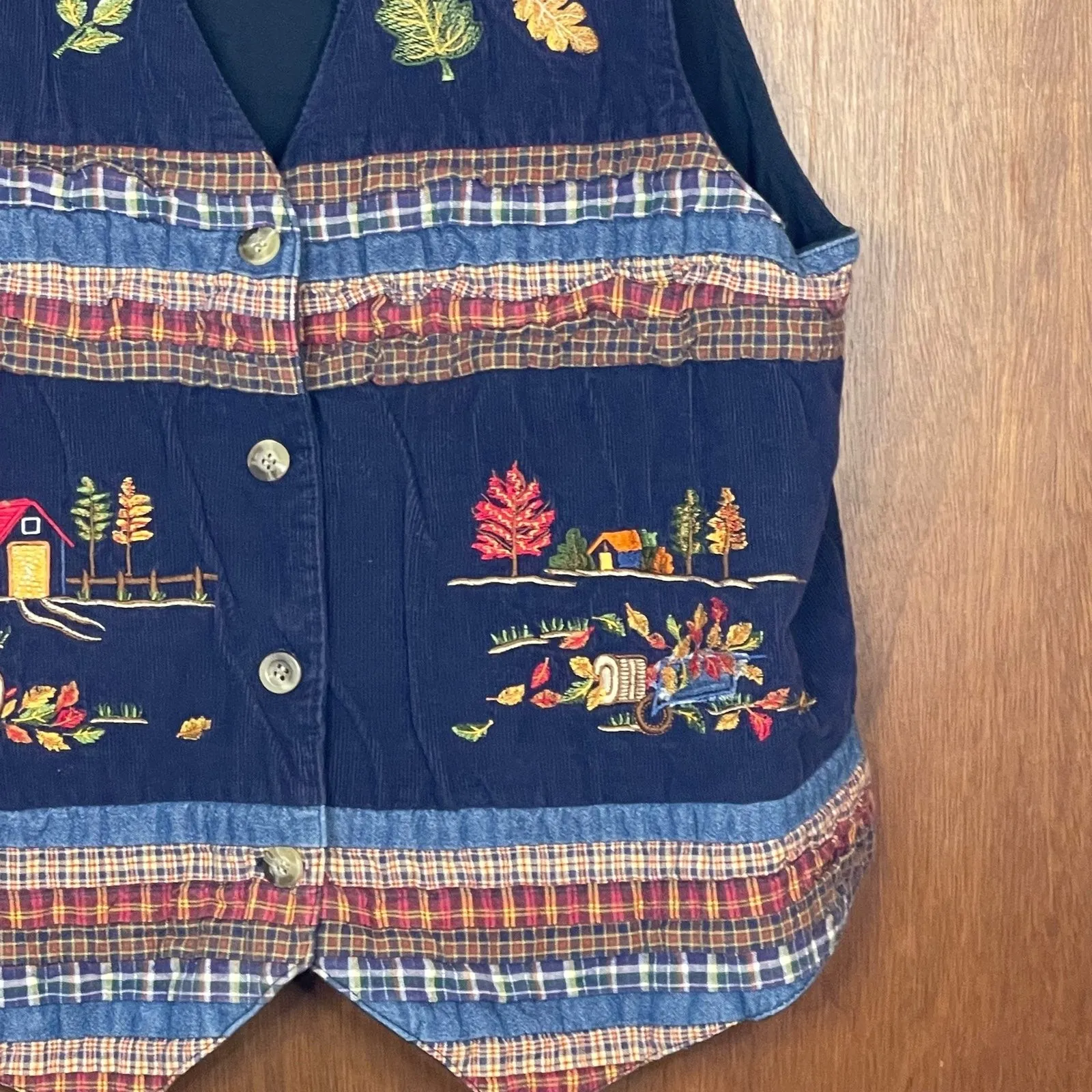 Vintage Casey & Max Patchwork Plaid Fall Leaves Vest Size Large Blue - Image 3
