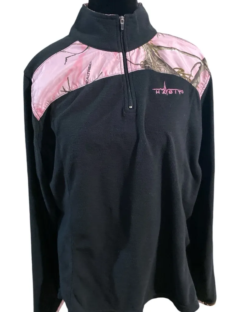 Habit Realtree Womens Medium Fleece 1/4 zip Pullover Sweater Black/Pink Camo - Image 1