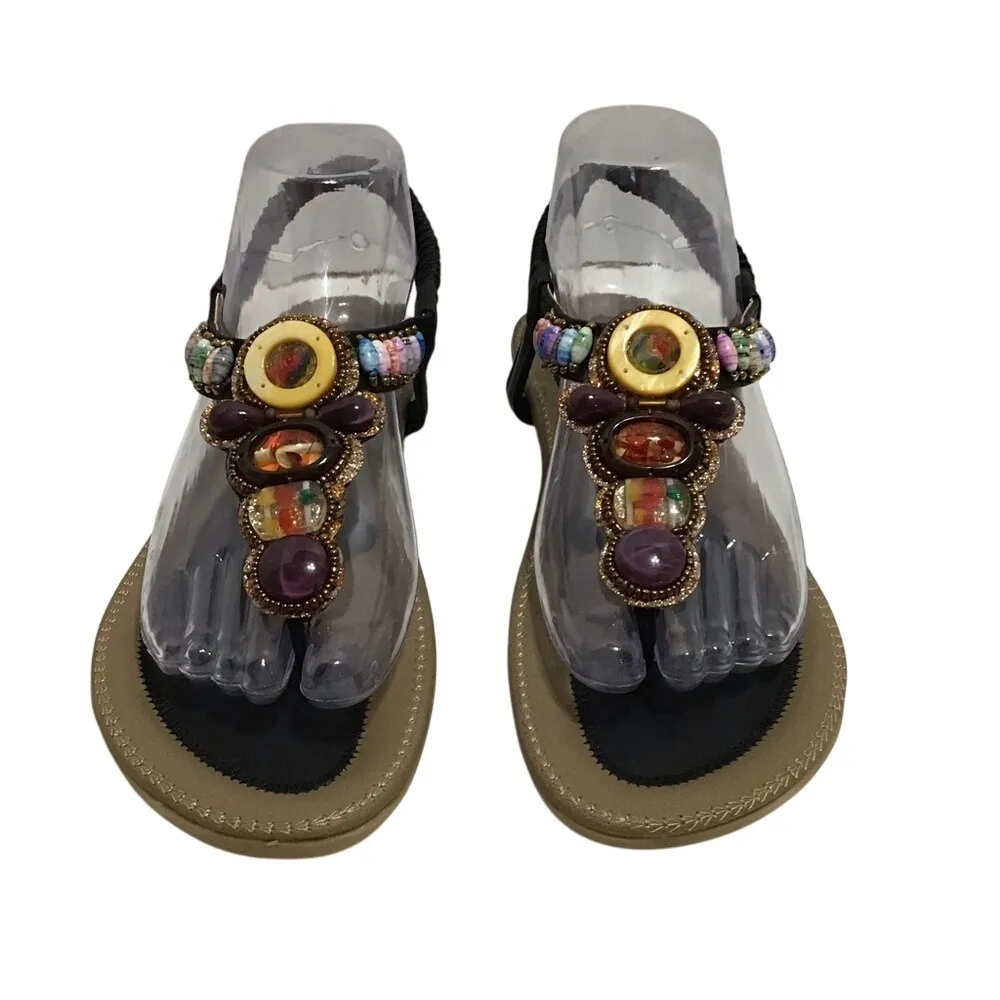Siketu Womens Brown Flat Ankle Thong Sandals‎ With Top Multicolor Stones Size 8 - Image 4