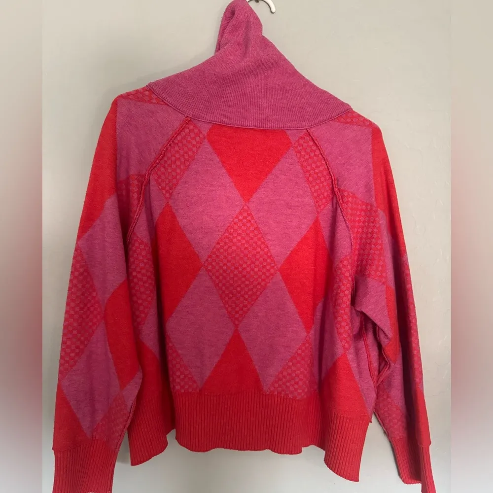 Free People Lucy In the Sky zip collared Red Pink Argyle Sweater oversized XS - Image 3