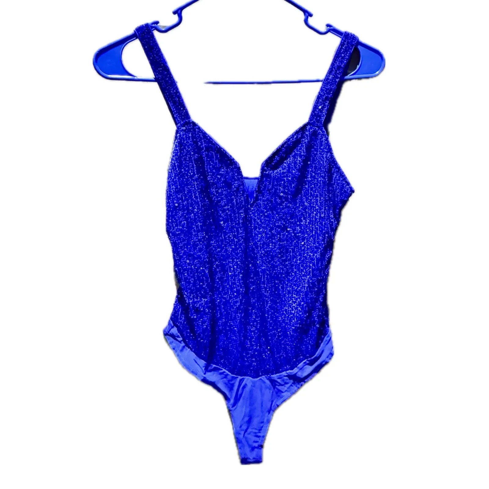Sparkling Royal Blue Sequin V Neck Spaghetti Strap Bodysuit Women's - Image 8