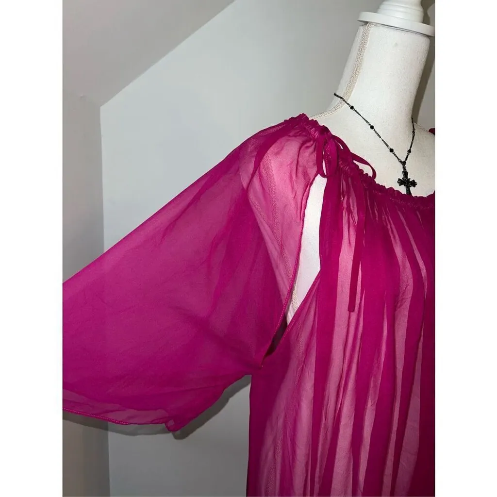 Semi Sheer Swim Cover Pink 100% SILK MIDI Dress Large - Image 3