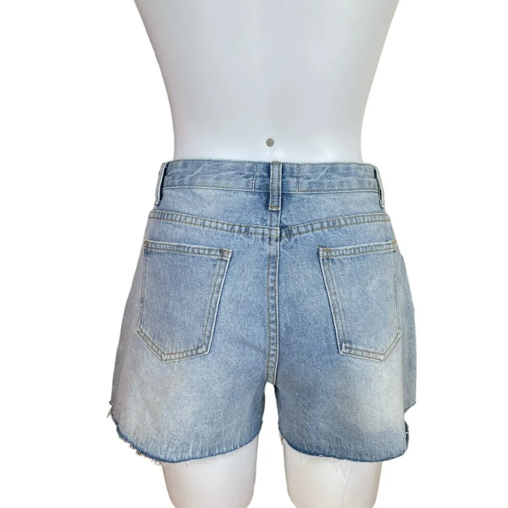 Twelve by Ontwelfth women's Large emmie denim light wash frayed sequin shorts - Image 4