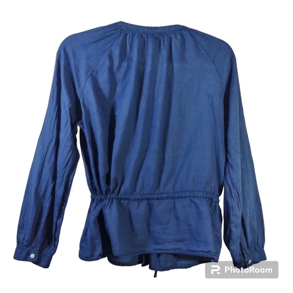 J Crew Blue Indigo Voile Button Front Cinch Waist Shirt Blouse Size 8 - Image 3