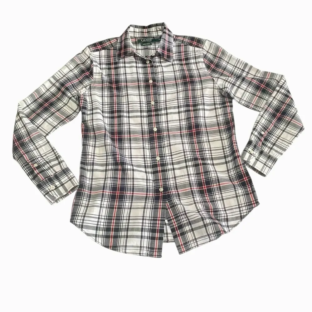 Lauren Ralph Lauren Plaid Non Iron Dress Shirt S White Black Red Blouse - Image 6