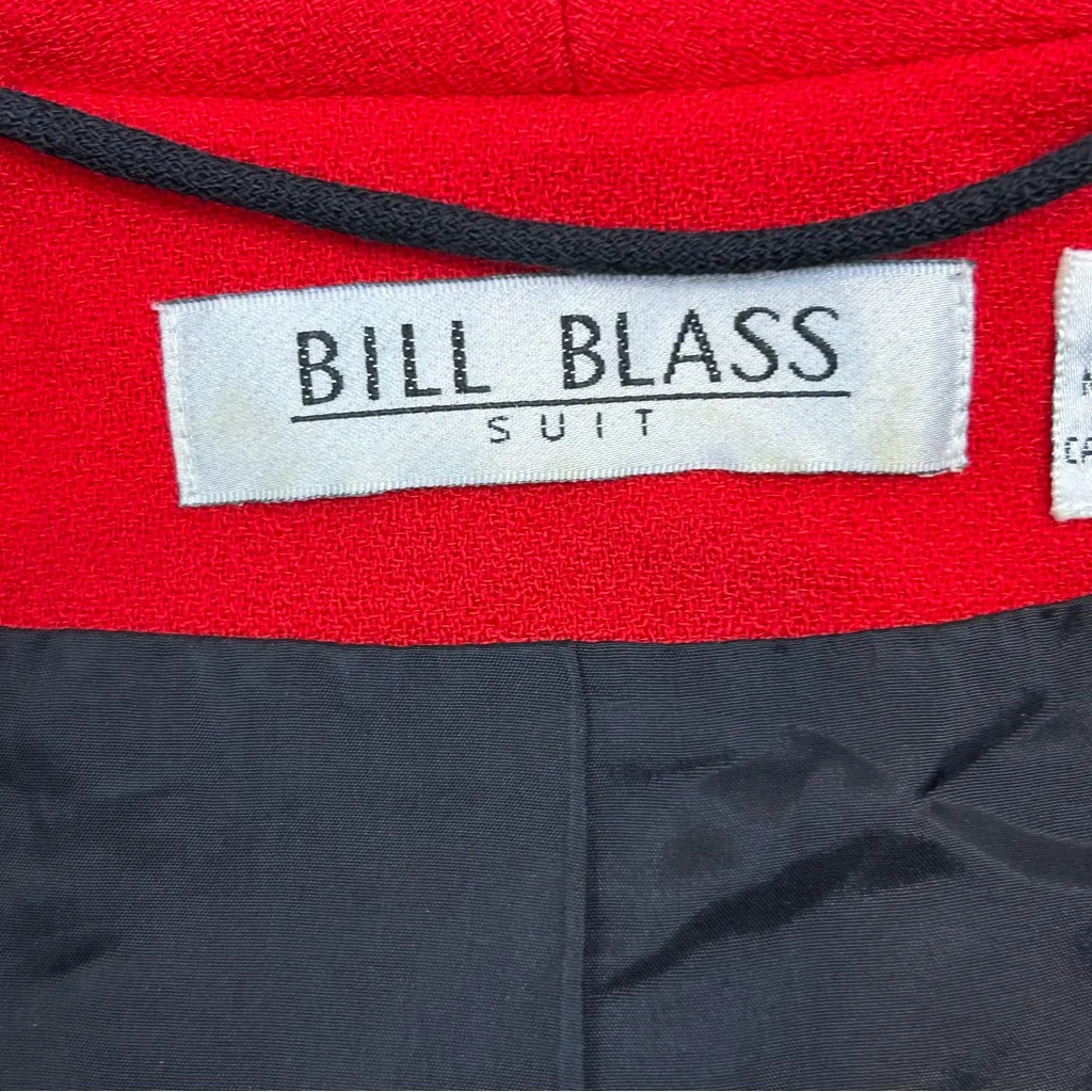 Vintage 1990s Bill Blass Skirt Suit 100% Wool Black Red Waist Sash Lined Size 10 - Image 10