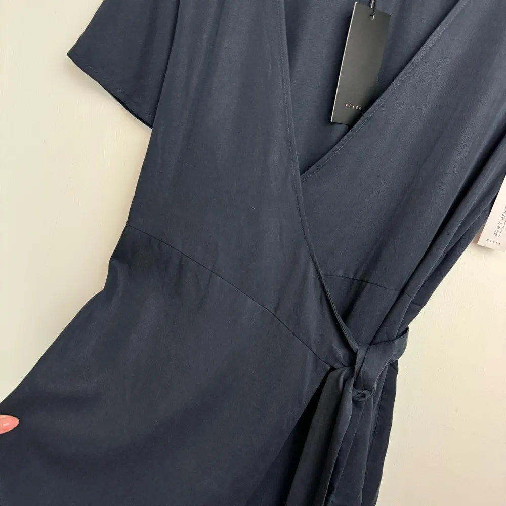 NWT VETTA Short Wrap Dress Sz Small French Navy Tencel Blue - Image 10