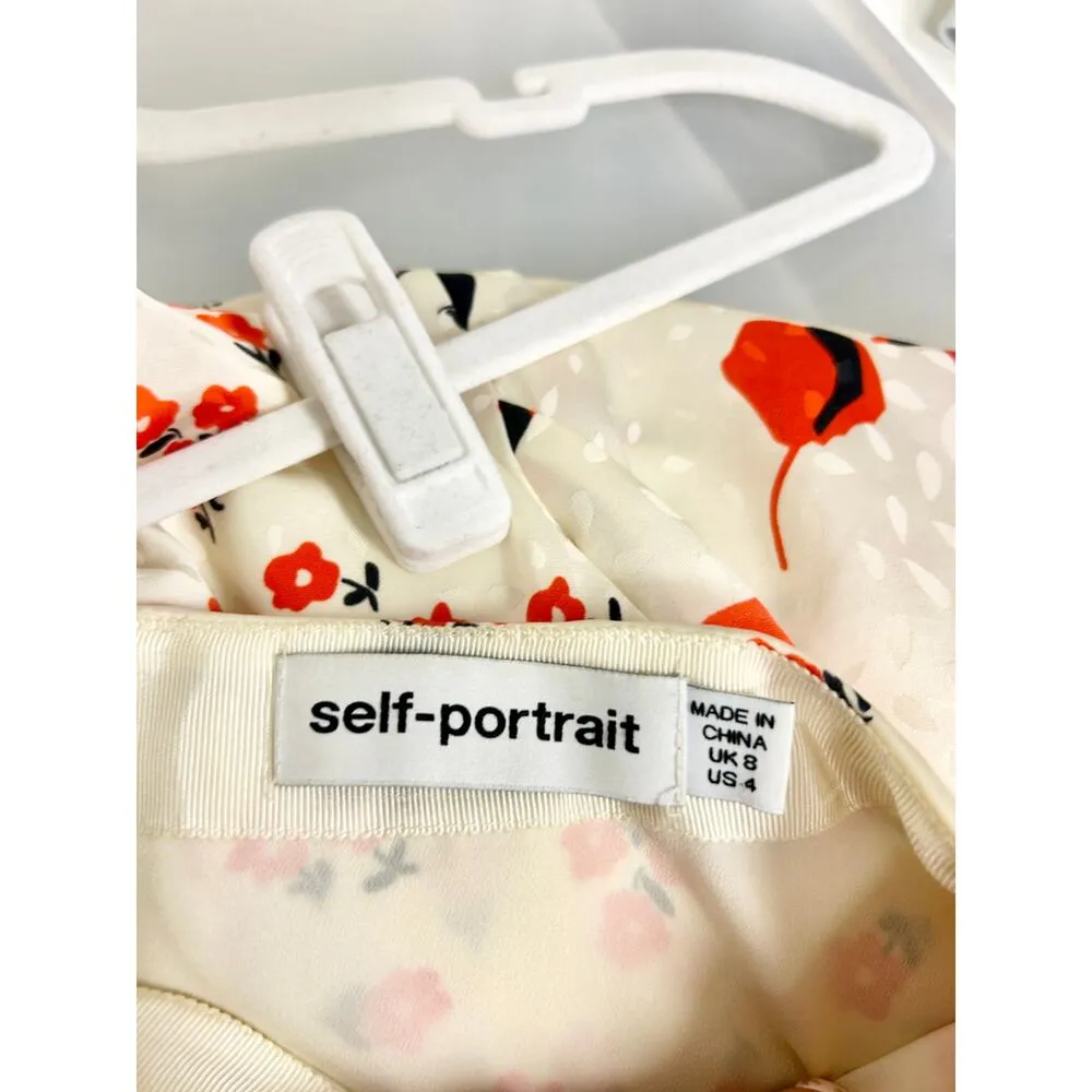 Self Portrait Satin Floral Asymmetrical Ruffle Maxi Skirt Cream/Red Women's US 4 - Image 4