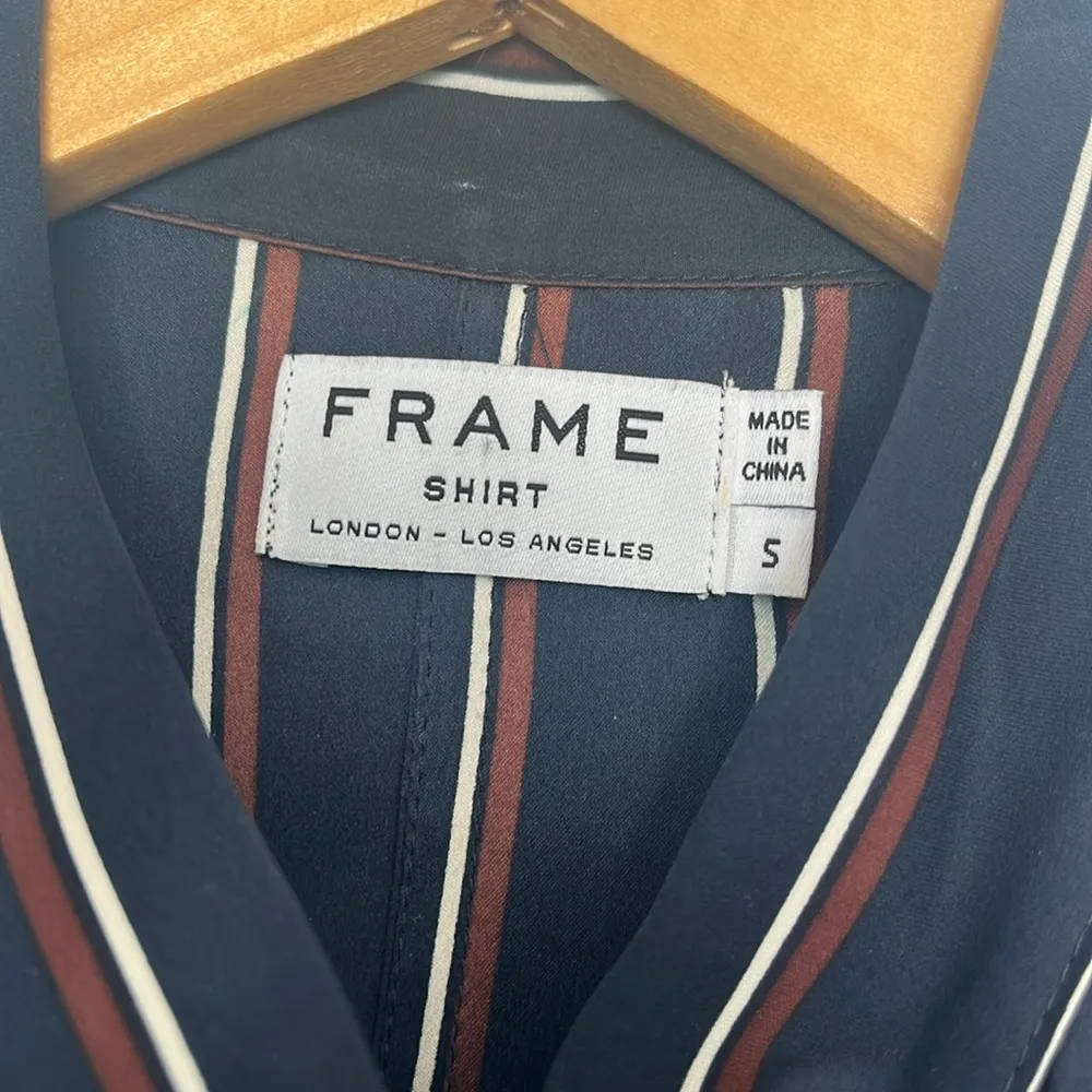 Frame 100% Silk Navy Vintage Stripe Long Sleeve Button Up Midi Dress - Image 5