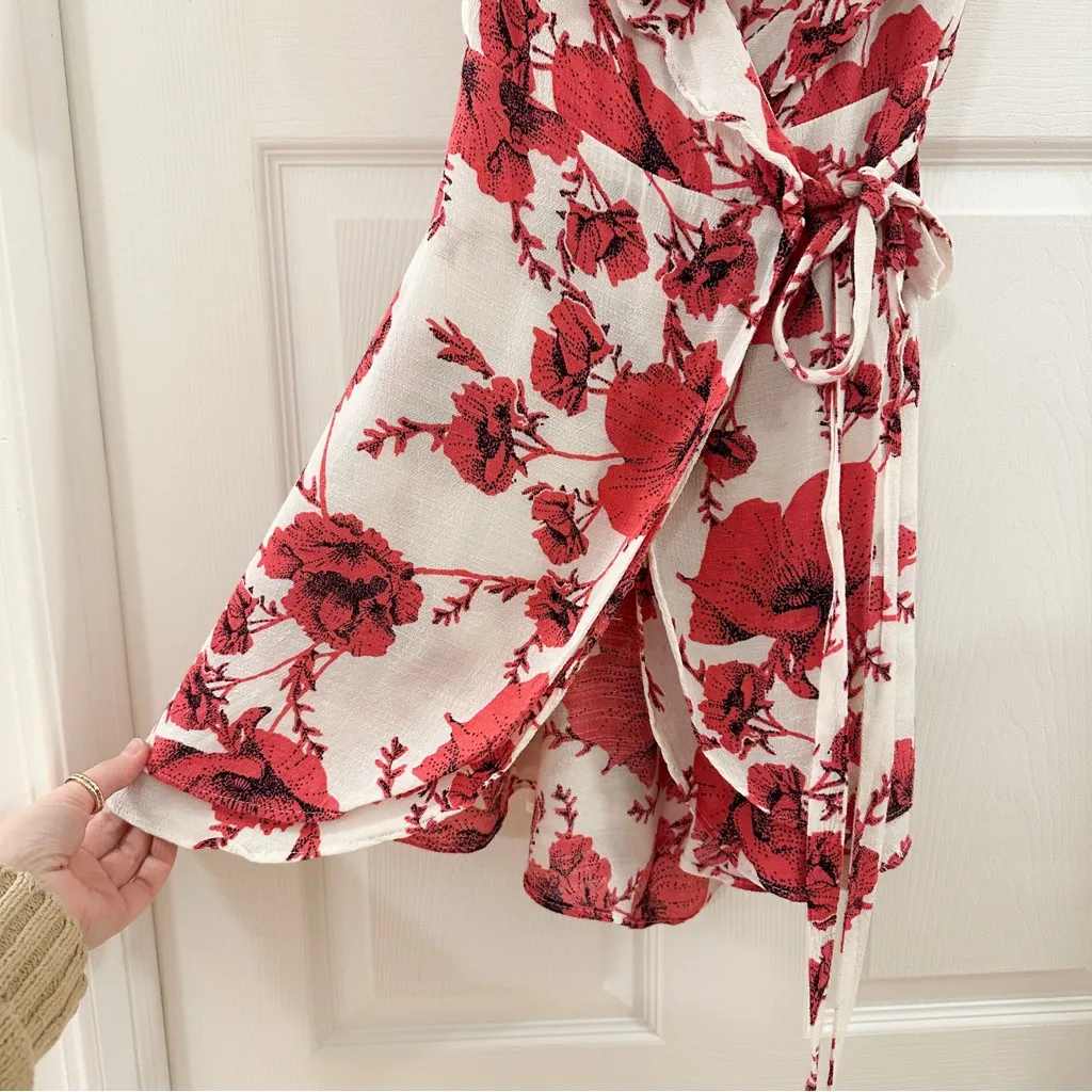 FREE PEOPLE FRENCH QUARTER BOHO MINI WRAP DRESS Flutter White Red sz XS - Image 8