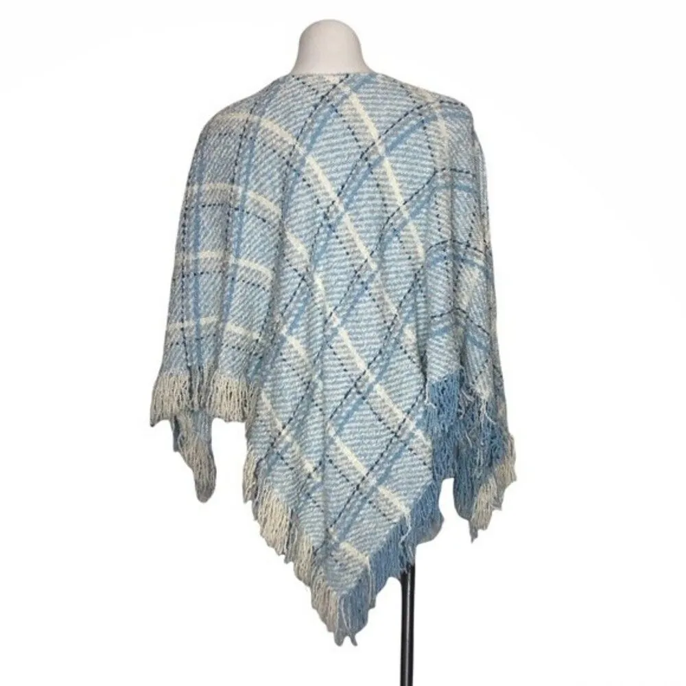 BOYNE VALLEY Weavers Ireland Blue Plaid Poncho Knit Fringe One Size Size undefined - Image 3