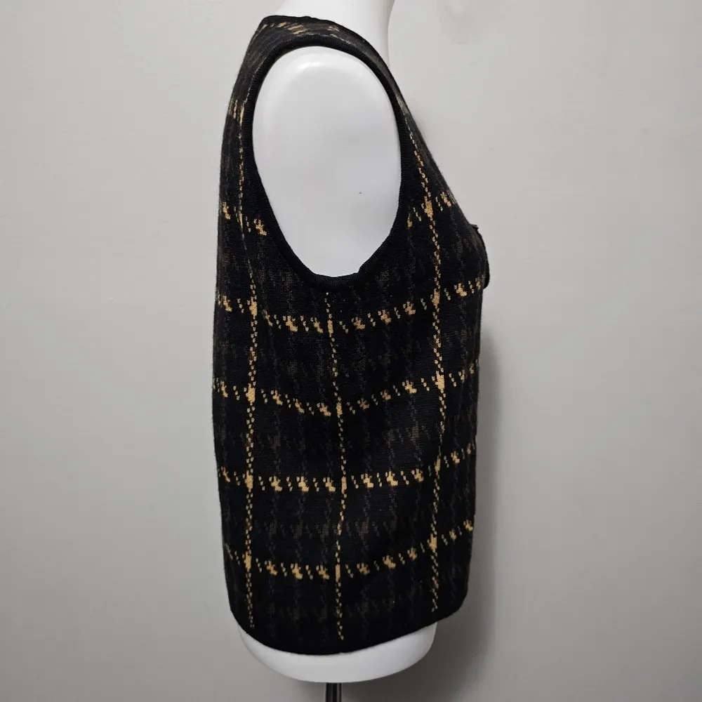 Vintage Crystal Kobe Black & Tan Houndstooth Zip Vneck Sweater Vest Size Small - Image 2