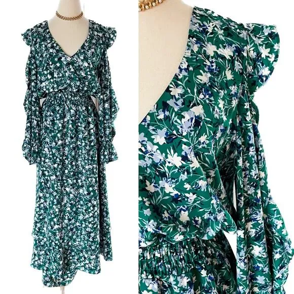 MISA Los Angeles Floral Ruffle Open Sleeve Tiered Maxi Dress green size medium M - Image 2
