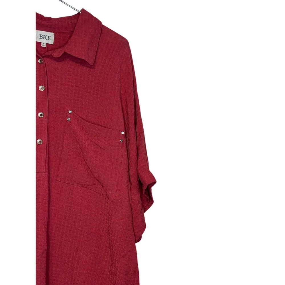 BKE Women Top Shirt Button Front Collar Pocket Short Sleeve Oversized Red Small - Image 2
