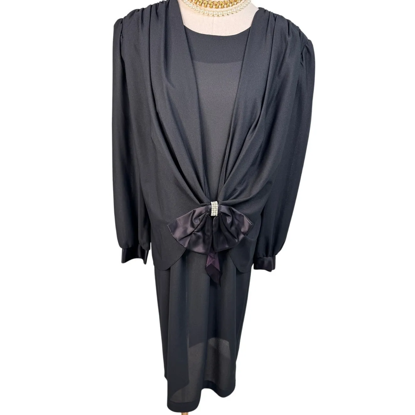 Vintage 80s TF T&F drop waist rhinestone bow party dress black size 10 Medium M - Image 8