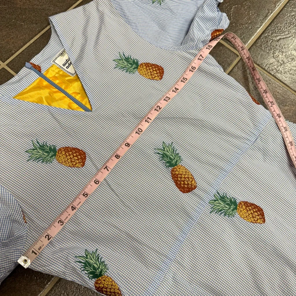 Autumn Adeigbo Pineapple Gingham Printed Heidi Short Sleeve Knee Length Dress 4 Blue - Image 14