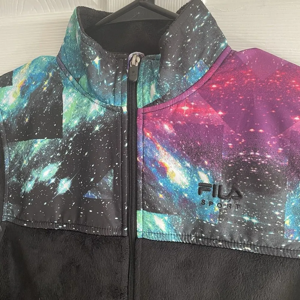 Fila Fleece Jacket Black Galaxy Print Top‎ Coat Small WS2 - Image 4