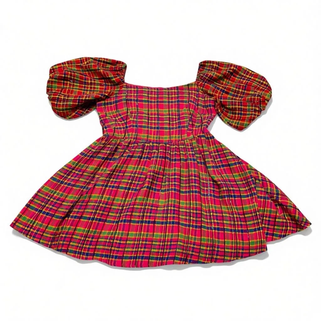 Chic Plaid Puff Sleeve Square Neck Mini Dress Women's Size M Pink Size M - Image 2