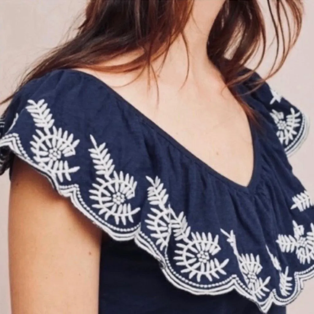 Anthropologie Moulinette Soeurs Embroidered Nautical Navy Sz Medium Top - Image 2