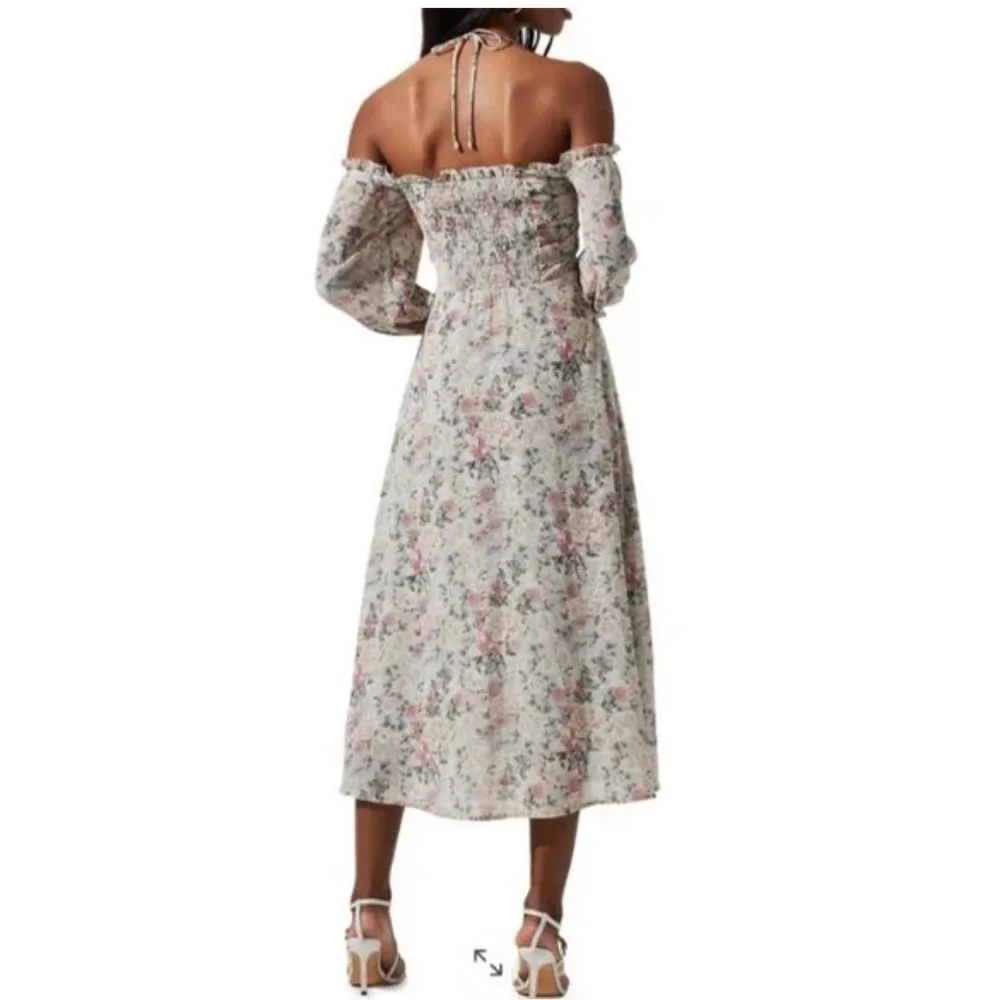 ASTR OFF SHOULDER LONG SLEEVE CINCHED BUST MIDI DRESS Light Gray - Image 2