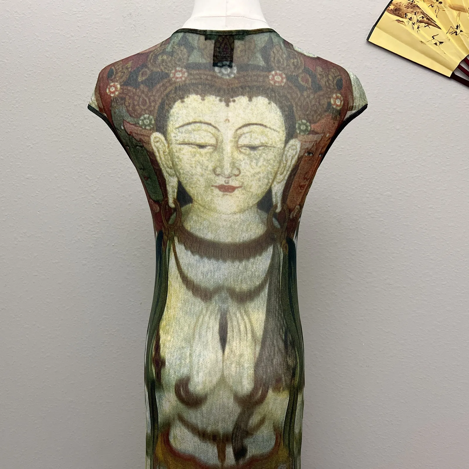 vintage 90s rare vivienne tam kuan yin buddha print mesh maxi dress - Image 6