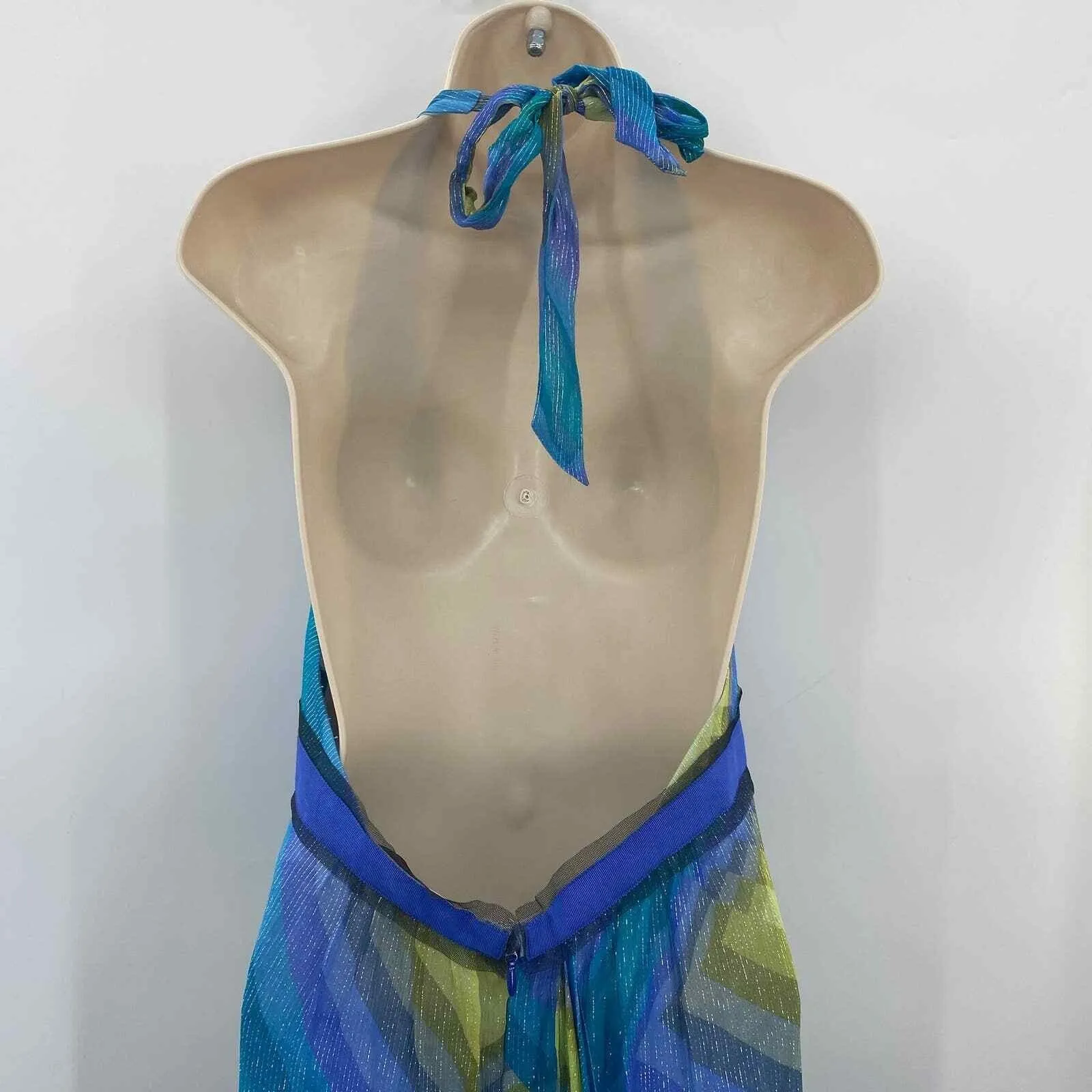 BCBGMaxazria Retro Disco Glam Dress Womens 8 Blue Green Gold Metallic Silk - Image 5