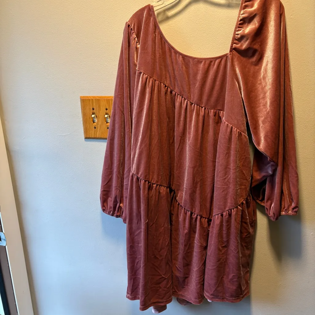 Arula Sz A XL/1X Pink Velvet Short Tiered Babydoll Dress Long Puff Sleeve Women - Image 7