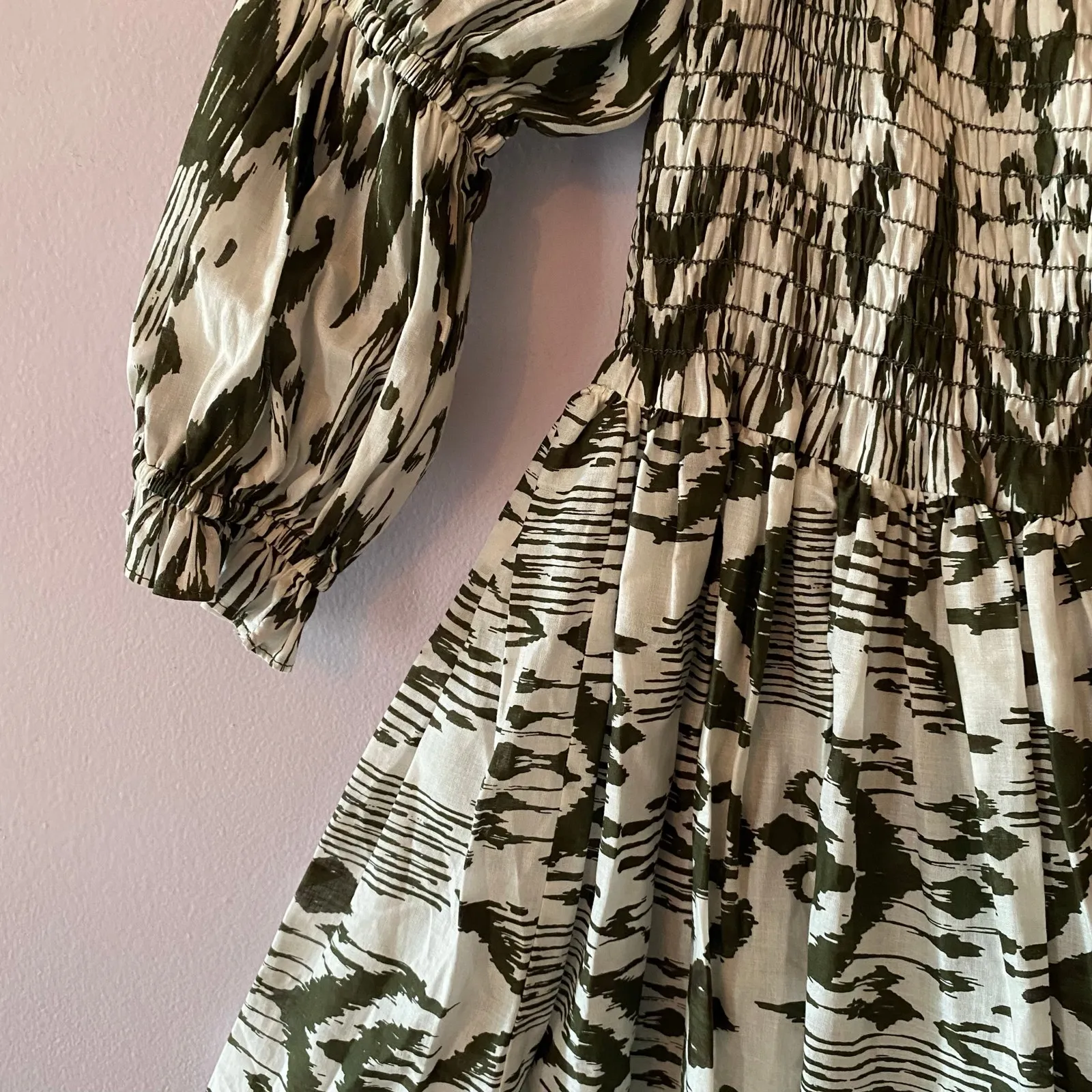 MISA Los Angeles Green White Smocked Puff Sleeve Mini Dress Cotton Women size XS - Image 5