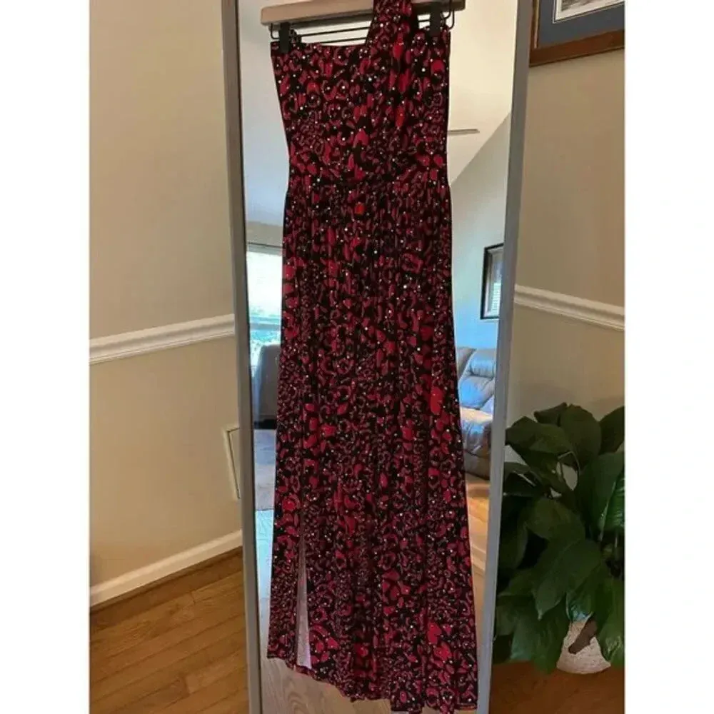 Monaco Ankle Length Sequin Side Slit Dress Small Red - Image 5