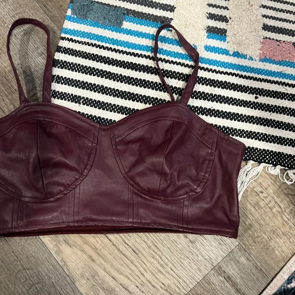Future Collective Strappy Tiny Crop Top Women's Size S Berry Faux Leather Red - Image 2