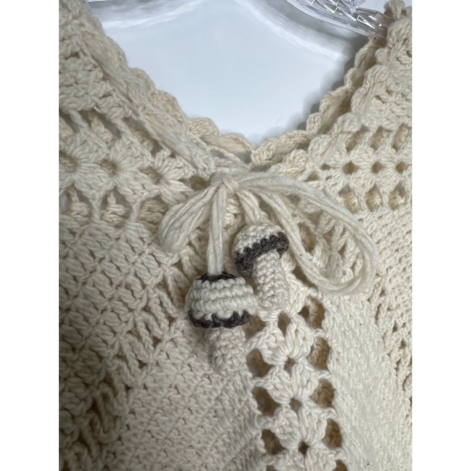 Vintage 1970s Handmade Crochet Poncho with Mushroom Tassel Ties & Fringe S - Image 4