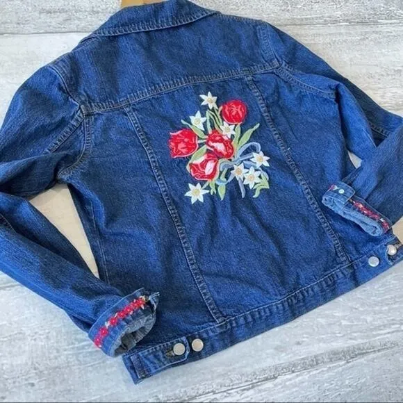 Vintage Denim Trucker Jean Jacket Floral Embroidery Cottagecore Large Flowers - Image 2