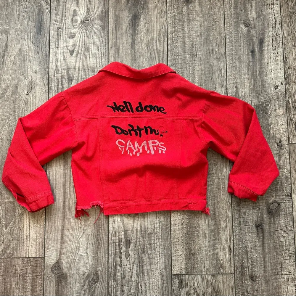 Vintage Y2K red distressed denim jacket - Image 6