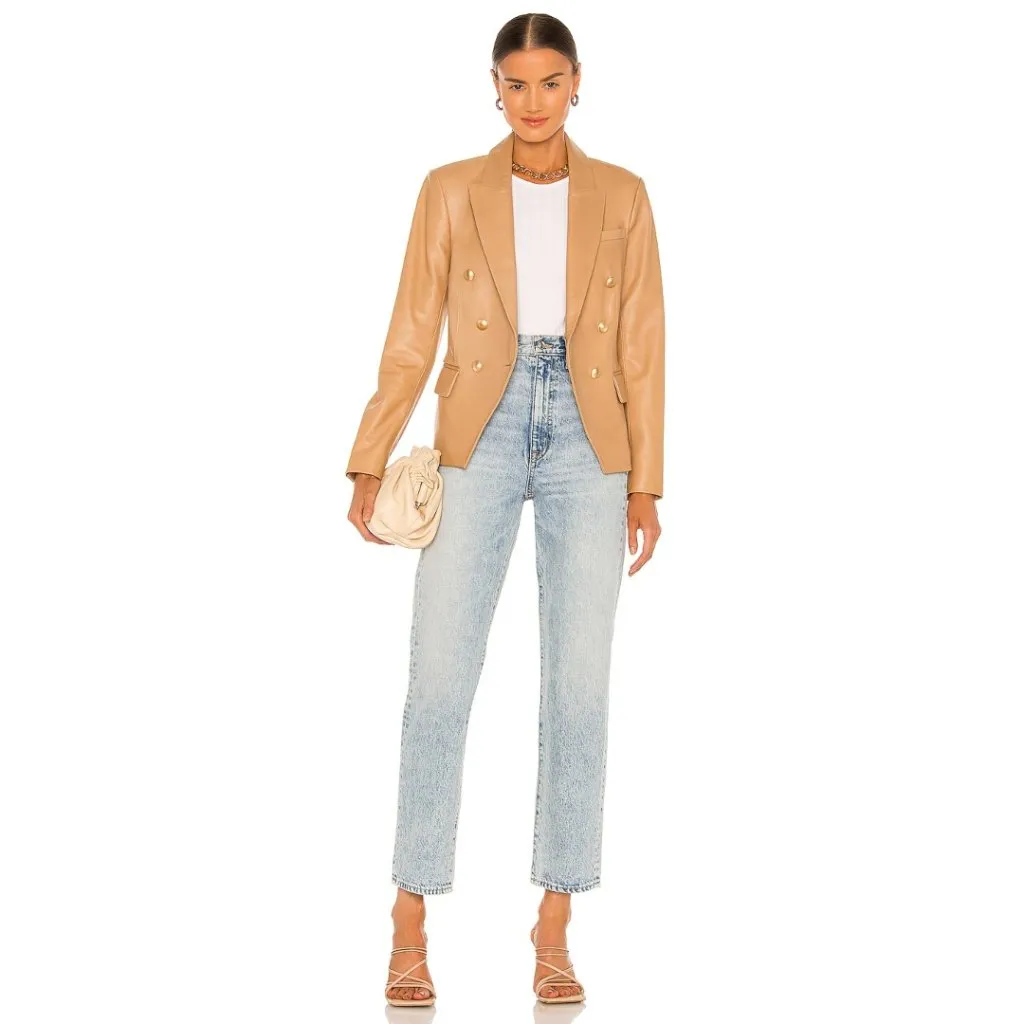 L’AGENCE Kenzie Double Breasted Lamb Leather Blazer Camel Tan Brown Size 10 - Image 8