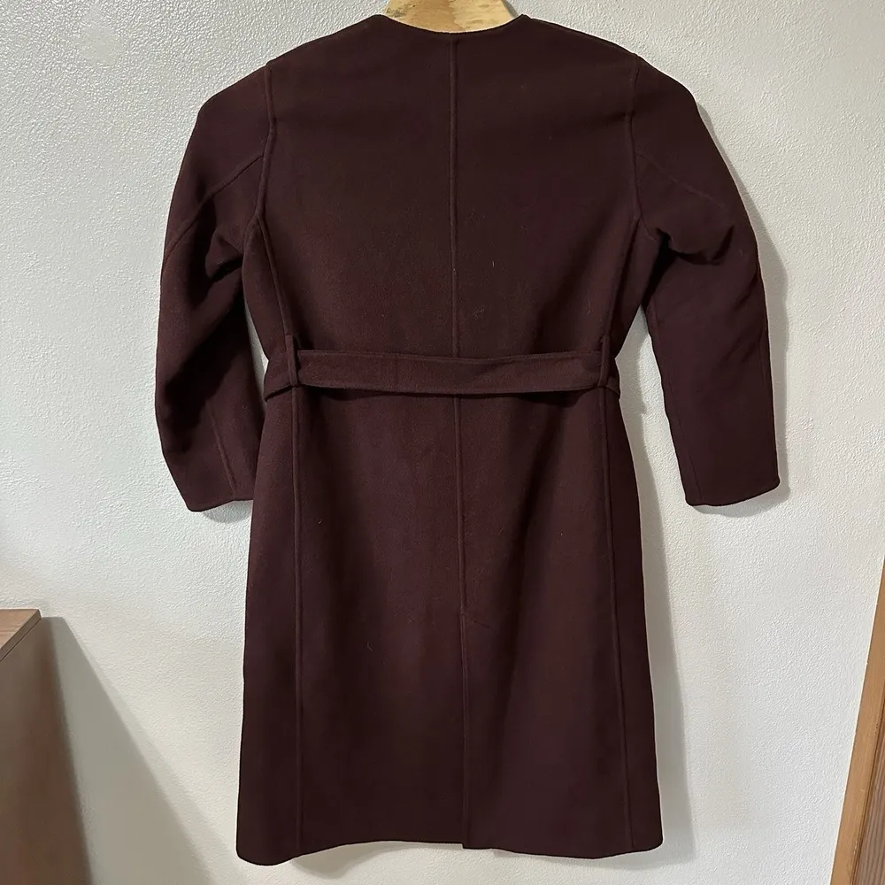 NEW Uniqlo Women's Small Wool Blend Coat Wine Burgundy Double Breasted Tie Waist - Image 4