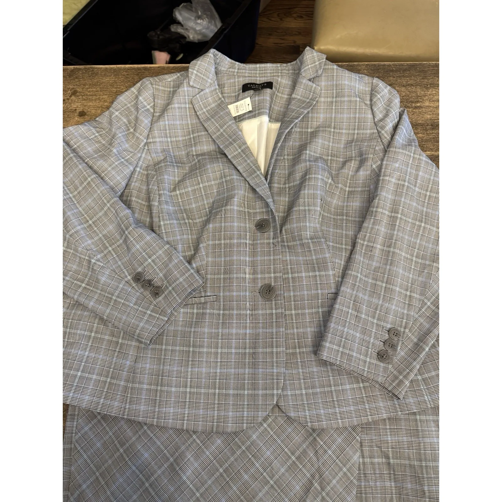 Talbots‎ Women's Gray Plaid Blazer & Skirt Suit Set Size 14WP Blue Gray Plaid - Image 3