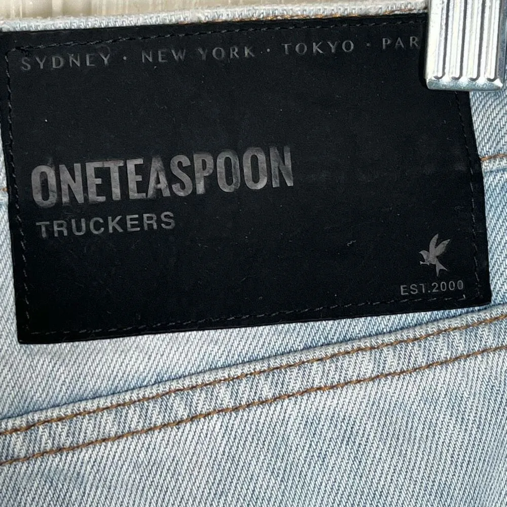 One Teaspoon Truckers Sz 26 Wilde Blue Straight Leg Jeans Torn Knees Distressed - Image 7