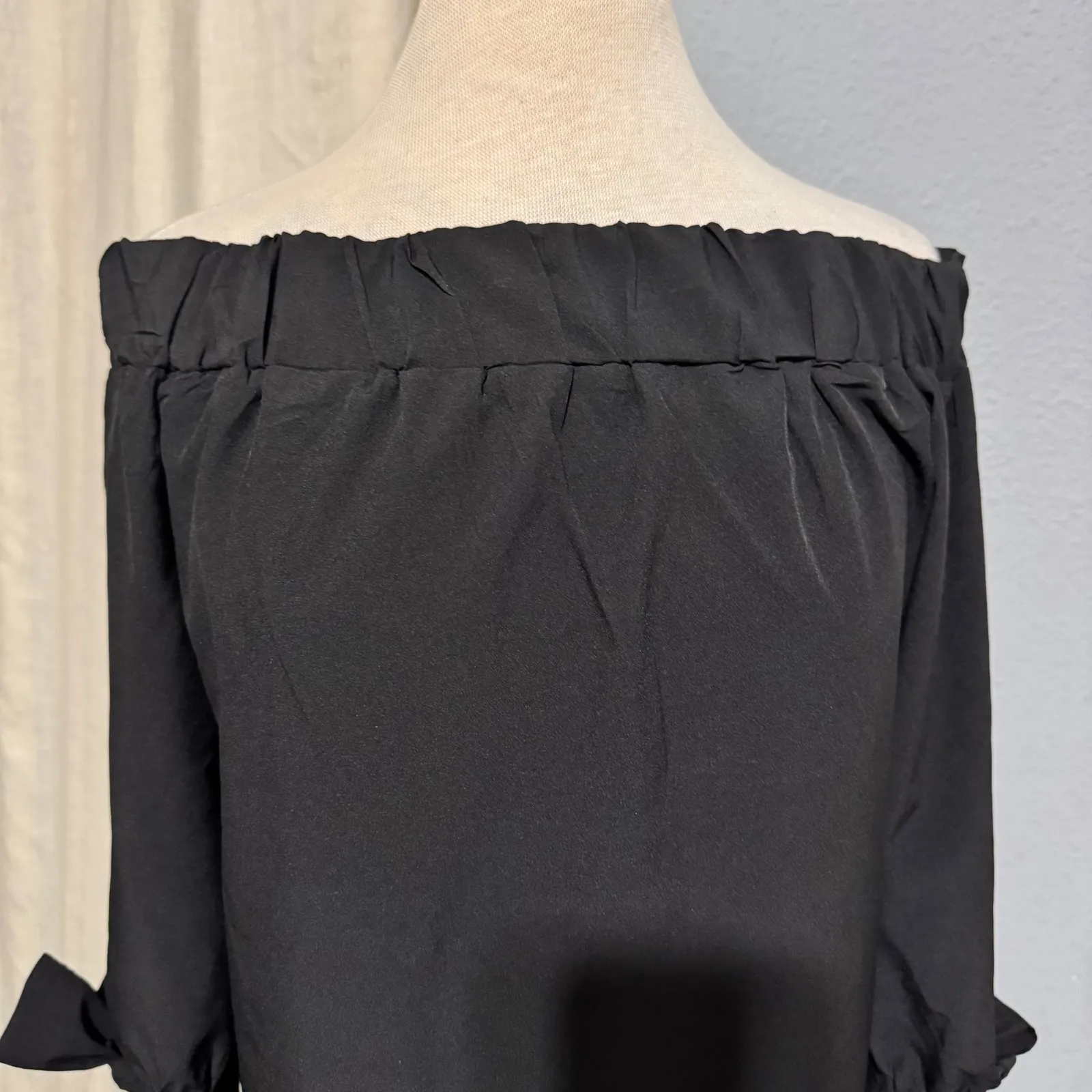 GIBIU USA Bohemian Black Off Shoulder Embroidered Rose Sleeve Tie Goth Top L Size L - Image 2