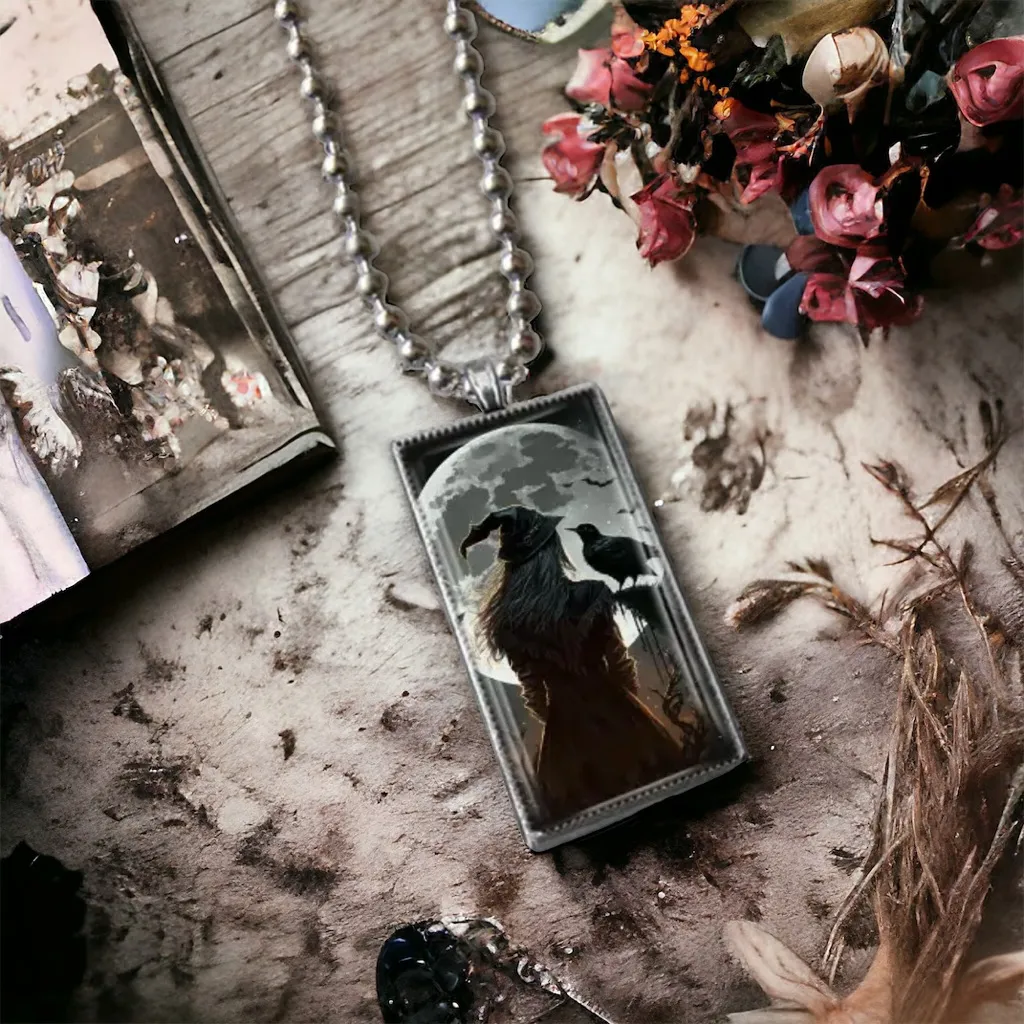 1pc Witch & Crow Pattern Rectangular Pendant Necklace Exquisite Silver‎ Plated Silver - Image 2