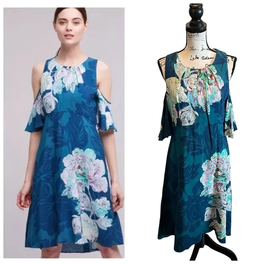 MAEVE Anthropologie Elia Floral Print Dress Cold Shoulder Blue Teal Size 10 NWOT - Image 2
