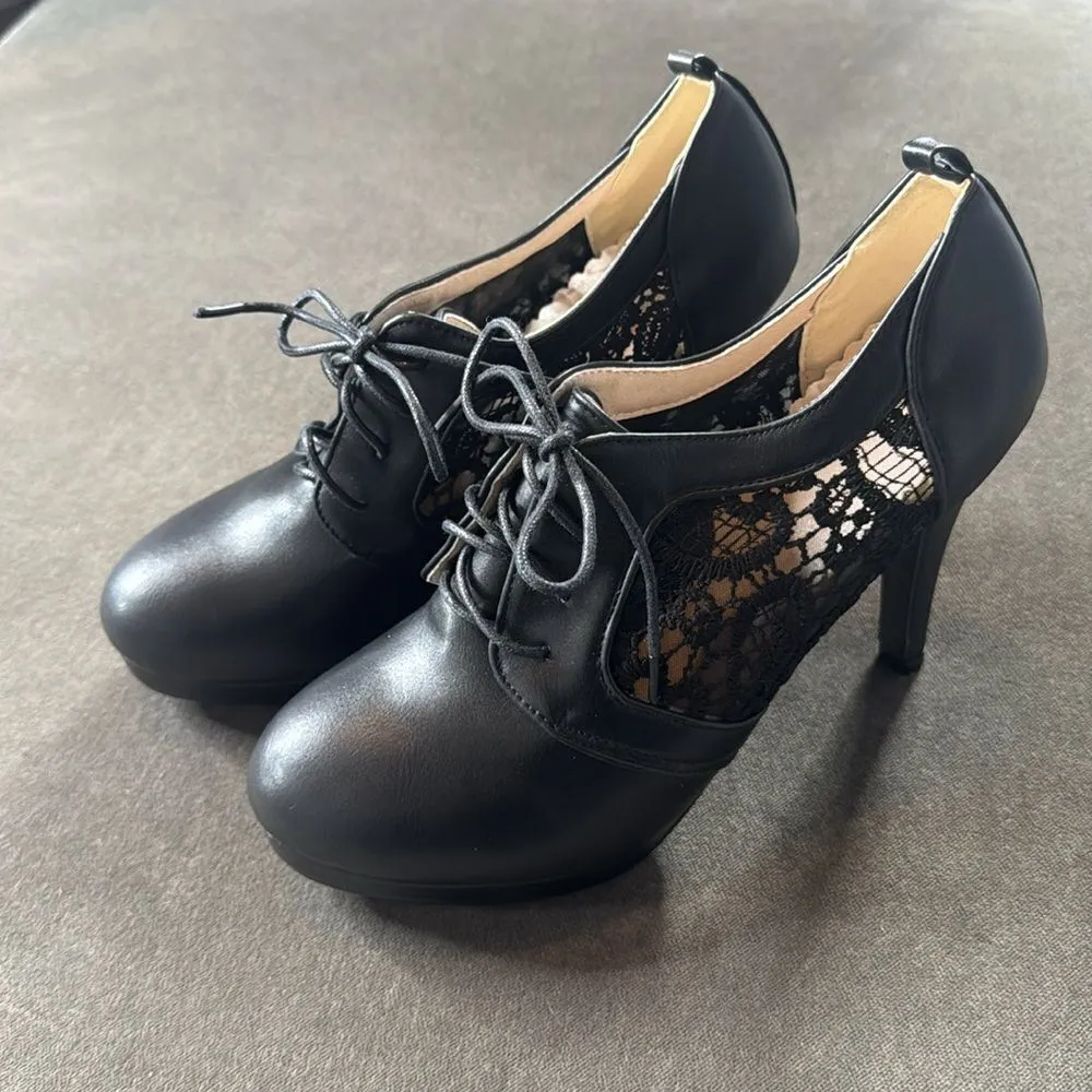 Women’s Black High Heel Lace Up Booties with Lace Detail EU40 Size 9/9.5 US NEW Black - Image 4