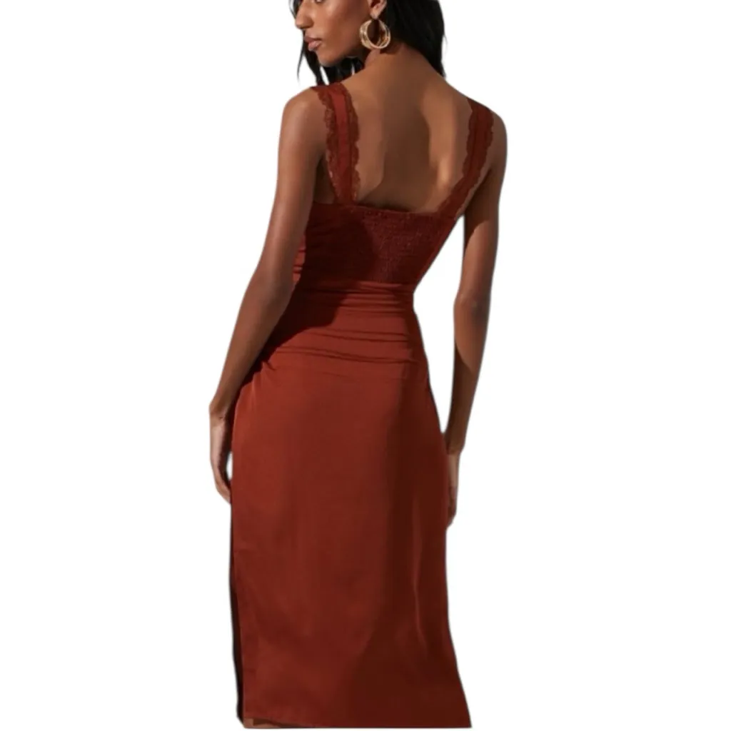 ASTR the Label - Alva Ruched Lace Trim Midi Slip Dress Rust Satin Sz XS - Image 2