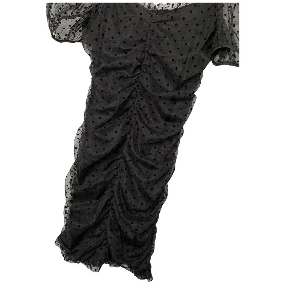Divided H & M Ruched Gathered Polka Dot Mesh Party Cocktail Dress Black M - Image 3