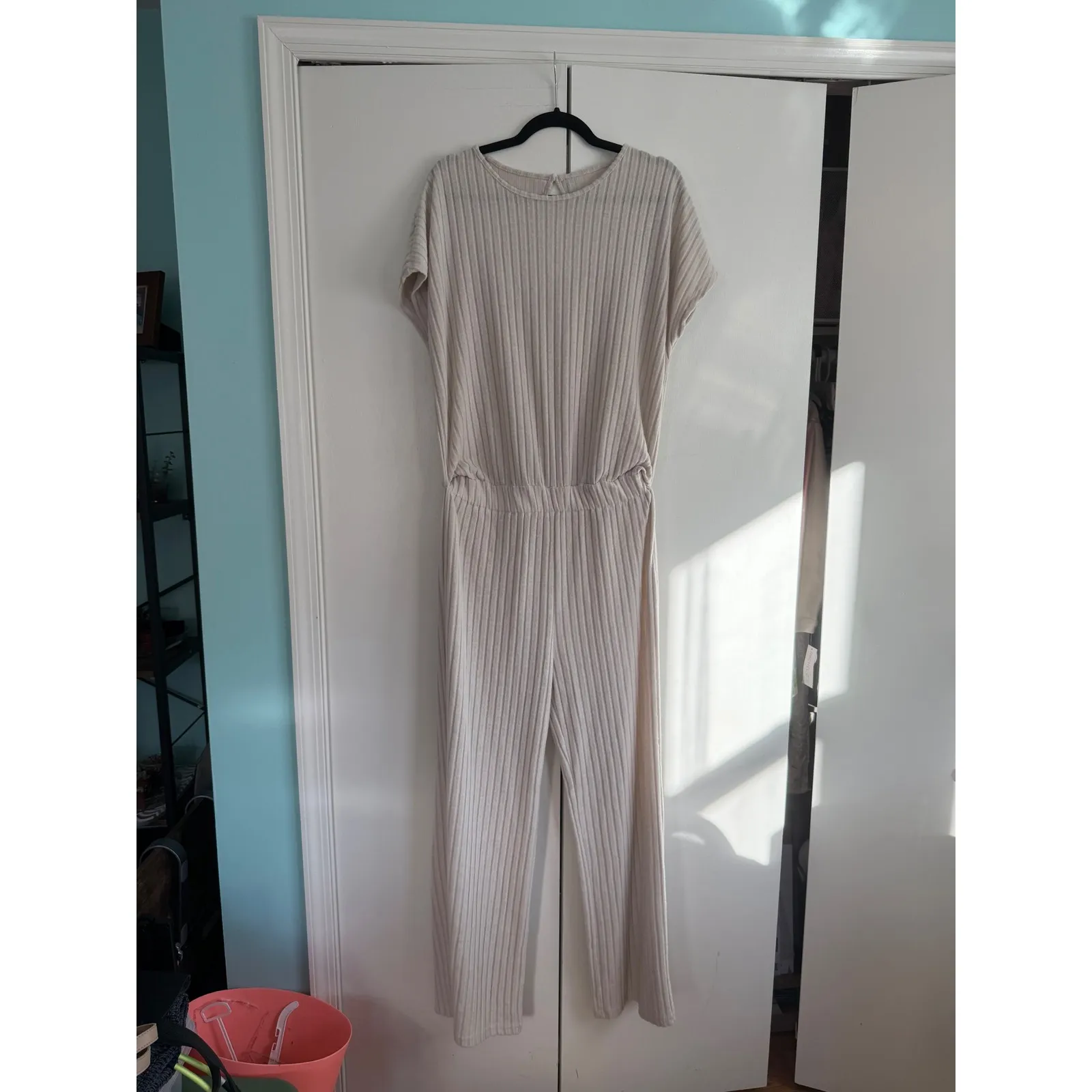 Ribbed Knit Jumpsuit Neutral Beige‎ Casual Lounge Elegant Women's One Piece Med Tan Size L - Image 2