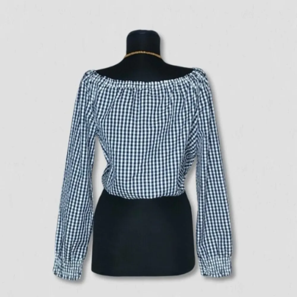 NWOT Santuary Claire Two-Way Top Tie-Front Gingham Print White Navy Blue sz M - Image 3